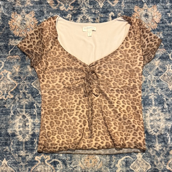 See You Monday Tops - See You Monday Leopard-Print Tie-Front Short Sleeve Top in Brown